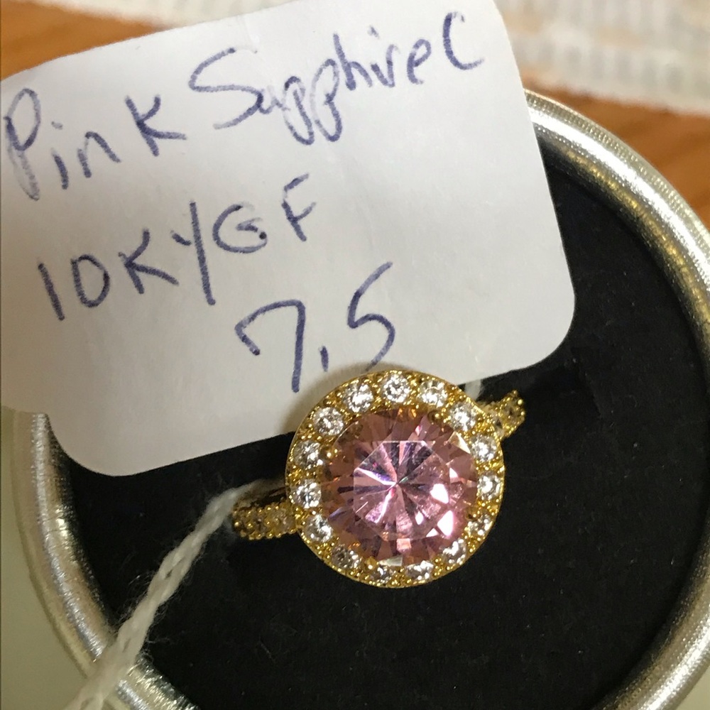 Pink sapphire 10k YGF surrounded by crystals